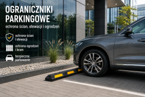 Ogranicznik parkingowy chroniący elewację nowoczesnego biurowca przed uderzeniem samochodu