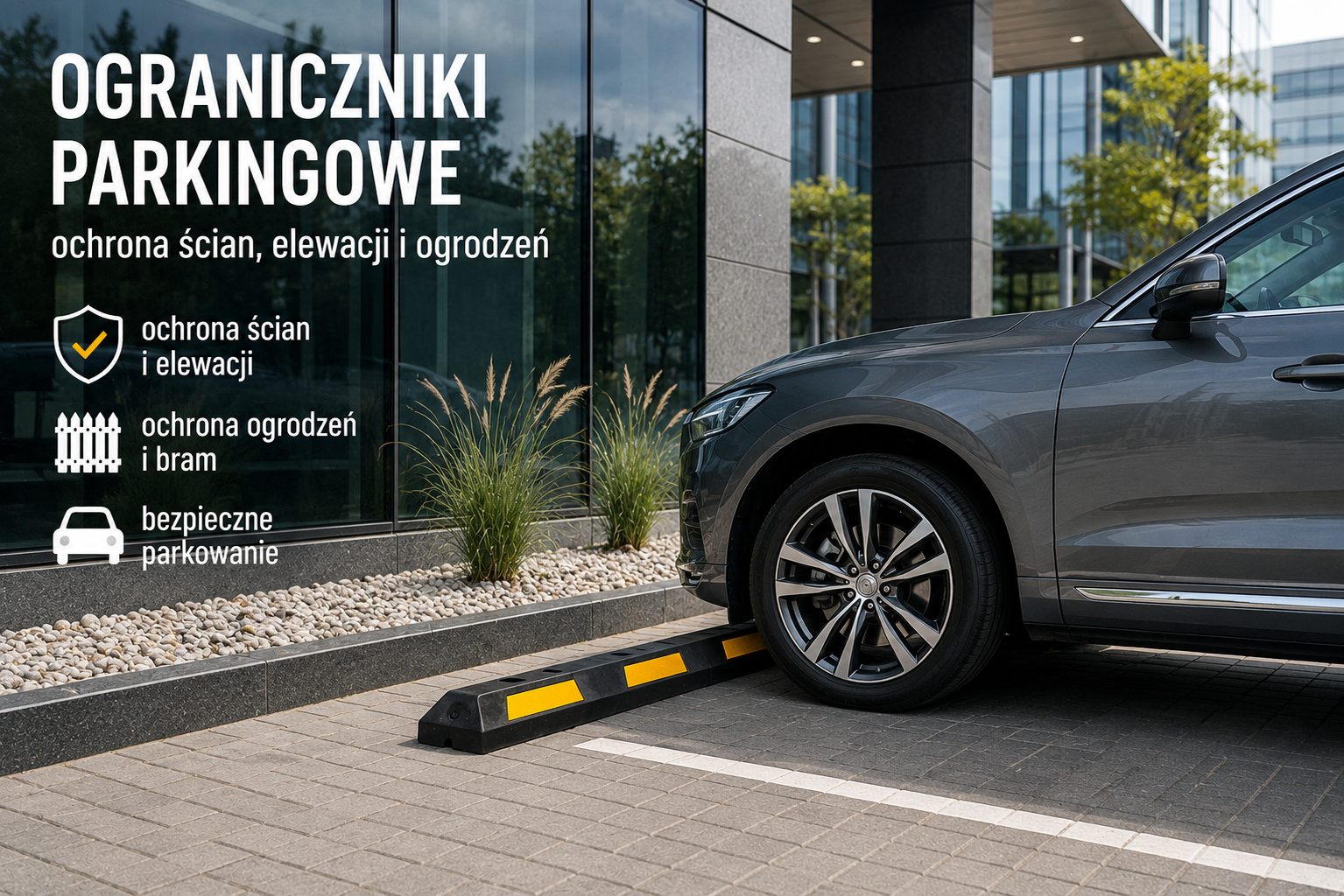 Ogranicznik parkingowy chroniący elewację nowoczesnego biurowca przed uderzeniem samochodu
