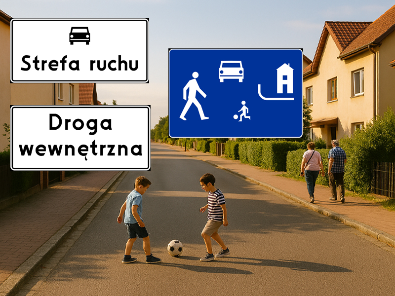 Schematyczne porównanie: strefa zamieszkania, droga wewnętrzna, strefa ruchu i strefa ograniczonej prędkości – różnice i zasady 2025.