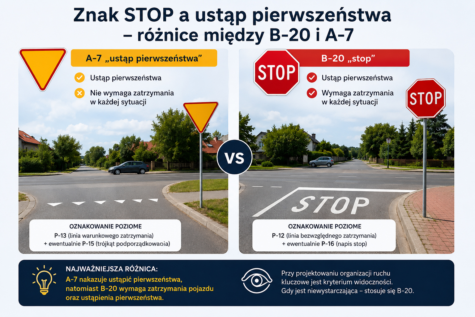 Znak STOP B-20 a znak A-7 ustąp pierwszeństwa – porównanie obowiązku zatrzymania, pierwszeństwa i oznakowania poziomego