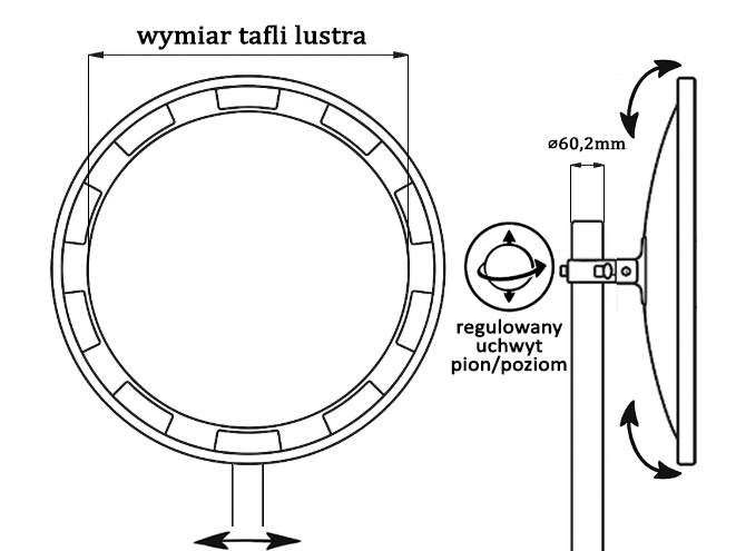Lustro drogowe U-18a z regulowanym w dwóch płaszczyznach uchwytem - rysunek techniczny